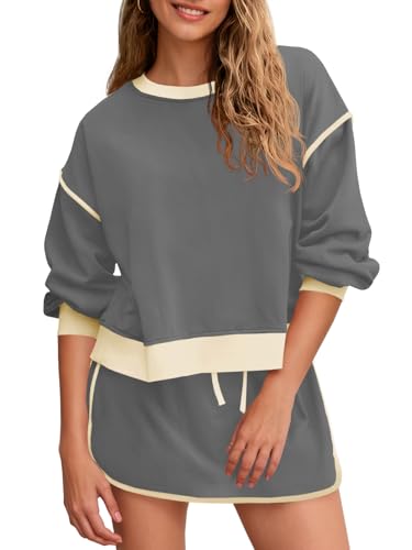 Fisoew Womens Sweatsuits 2 Piece Set Crewneck Sweatshirts High Waisted Skort Skirts Tennis Running Tracksuits Shorts Sets