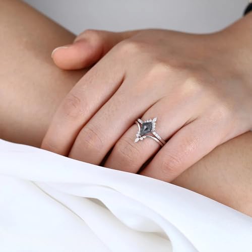 2 Pcs Vintage Salt and Pepper Diamond Ring for Women 1.5 Ct Kite Cut Salt and Pepper Engagement Ring Set 925 Sterling Silver 10K 14K 18K Gold Salt and Pepper Bridal Set2
