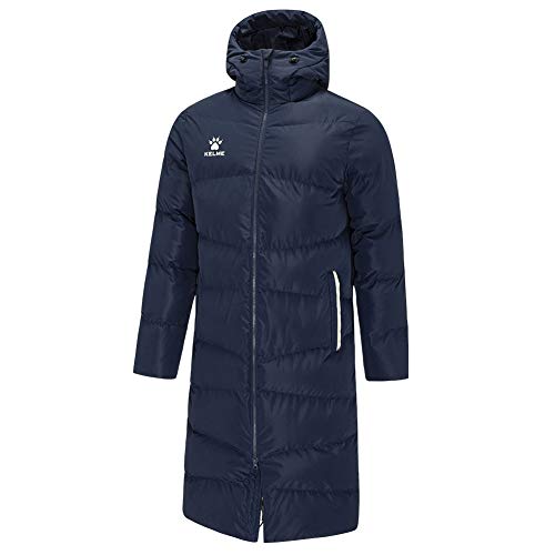 KELME Men's Long Parka Winter Coats, Windproof Hooded Soccer Training Jacket, Stadium Outdoor Cold Weather Warm Outerwear Navy Blue Silver XX Small