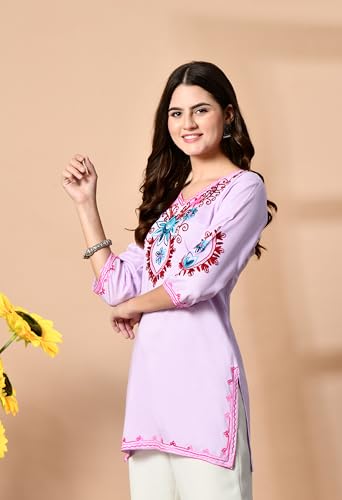 Image of LIBOZA Embroidered Kashmiri Tunic Top, Short Kurti for Women on Jeans, V-Neck, 3 /4 Sleeve, Floral Design,