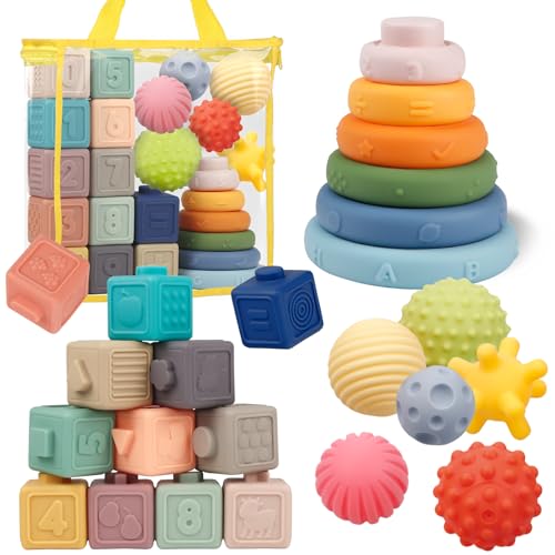 Image of Montessori Toys for Babies,Soft Stacking Building Blocks Rings Balls Sets,3 in 1 Baby Toy Bundle,Sensory Toy for Kids, Soft Teething Toys for Babies,Baby Gifts for Boy Girl