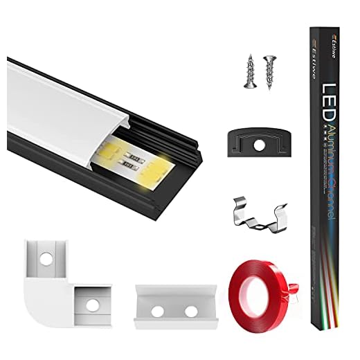 LED aluminium profil U-form 10 x 1 m, förtjockning aluminiumprofil, LED-kanaler, matt svart mjölkig, aluminiumkanaler för LED-remsor, med 3 M lim, metallfästklämmor, 90° hörnkontakter estewe 10-pack
