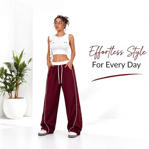 Image of Women's Baggy Loose Fit Wide Leg Track Pants | Elastic Waist Drawstring Casual Lounge Trousers with Side Stripe and Pockets