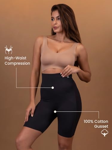 Image of Krvvy High Waist Seamless Mid-Thigh Shapewear Shorts for Women | Tummy Control Shaper for Belly Fat, Anti-Chafing, Invisible Under Dresses