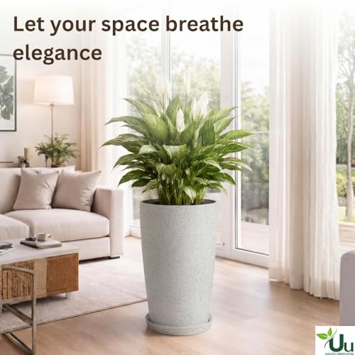 Image of Urban Upvan 18 Inch Solid White Tower Pot with Tray - Large Round Planter for Indoor & Outdoor Plants, Durable Decorative Plant Container (Pack of 1)