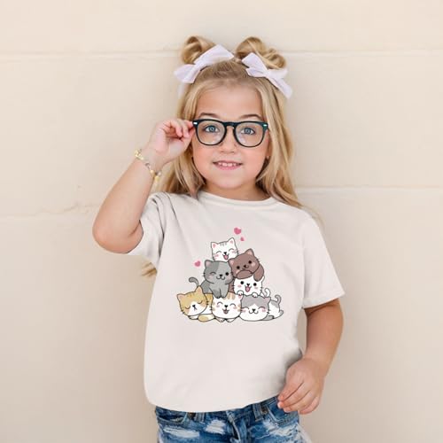Image of KEEVICI Cute Cartoon Cat Shirts for Girls Kids Graphic Tees Kawaii Animal Pattern T Shirt Cotton Crewneck Summer Loose Tops