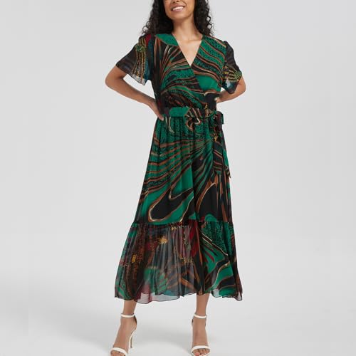 Image of Women's Summer Bohemian Floral Chiffon Dress Cap Sleeve V Neck Ruffle Long Flowy Boho Casual Vacation Dresses