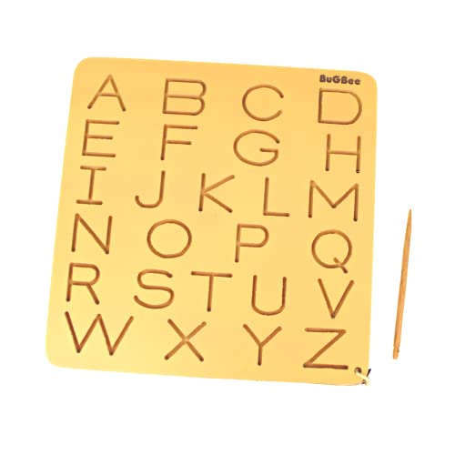 Image of BuGBee Alphabet tracing Board Capital ABC Wooden Slate | Montessori Materials Educational Puzzle Toys for 2+ Years Old Kids | Safe & Natural ABCD Board to Develop Memory & Writing Skills