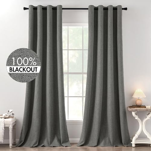 Image of MIULEE Linen Texture Curtains for Bedroom Solid 100% Blackout Thermal Insulated Dark Grey Curtains Grommet Room Darkening Curtains /Draperies Luxury Decor for Living Room 52x120 Inch (2 Panels)