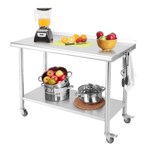 Stainless Steel Prep Table 36" x 24", NSF Commercial Kitchen Prep Table with Backsplash, Adjustable Undershelf, 5 Hooks and Wheels, Heavy Duty Workbench Workstation for Home Kitchen Restaur