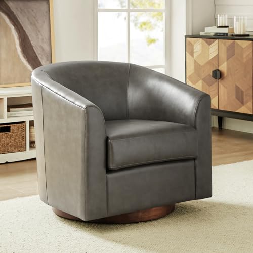 Image of HULALA HOME Faux Leather Swivel Accent Chair with Solid Wood Base, Round Swivel Barrel Chair for Living Room and Bedroom, No Assembly Required, Grey