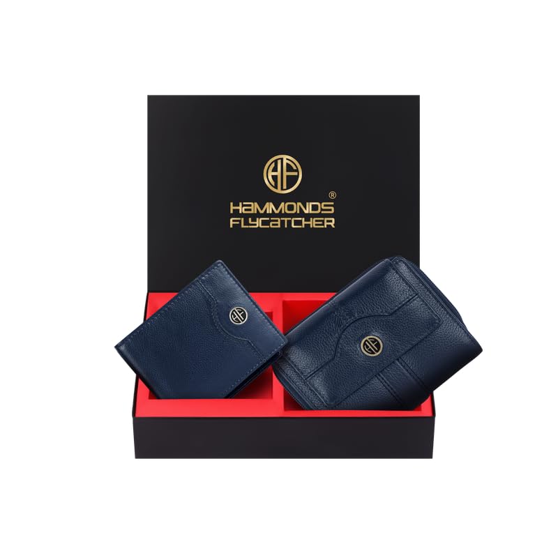 HAMMONDS FLYCATCHER Leather Wallet Combo Gift Set - Marriage Wedding Gifts for Couples Wife Husband - RFID Protected Men's & Ladies Women's Wallets, Multiple Card Slots - Blix Blue