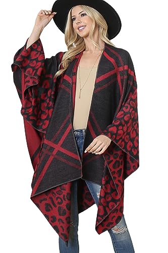 RIAH FASHION Classic Soft Knit Poncho Shawl Wrap - Winter Warm Fringe Tassel, V-Neck Stripe Pullover Animal Print