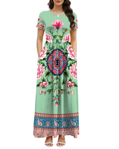 Image of COSSEN Women's Crew Neck Short Sleeve Maxi Dress with Pockets Casual Loose Swing for Wedding Guest Beach Vacation