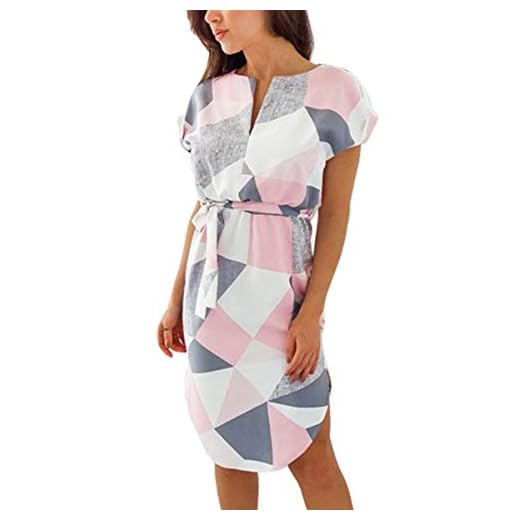 YLLQXI Damen Kleid mit V-Ausschnitt Loose T-Shirt Kurze Strand Freizeitkleider Sommerkleid Streifen Boho Kleid Gestreift Minikleid Party Strandkleider Partykleid Freizeitkleid 8 ECOWISH Sommerkleider Damen Kurzarm V-Ausschnitt Strand Blumen Kleider Abendkleid Knielang Rosa L