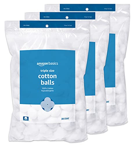 Image of Amazon Basics Cotton Balls, Hypoallergenic, Makeup Remover, Multi-Purpose Use, Baby Care, 600 Count (3 Packs of 200) (Previously Solimo)