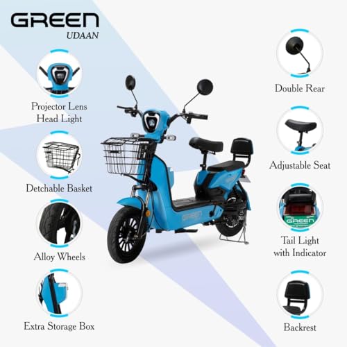 Image of Green Udaan Low Speed Electric Scooter Non RTO 80KM Range Lithium Battery with Portable Charger (Blue)