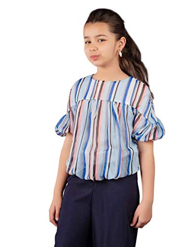 Image of One Friday Girls Semi Formal Striped Printed Top - Blue