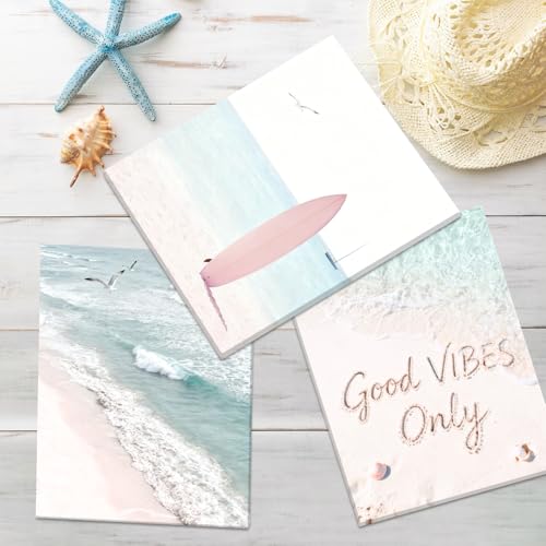 Image of CHDITB Beach Framed Canvas Wall Art, Coastal Palm Tree Artwork, Tropical Ocean Wall Decor, Boho Surfboard Poster, Pink Aesthetic Summer wave Art Prints For Living Room Seaside Cottage Decor 8 inchX10 inchx6