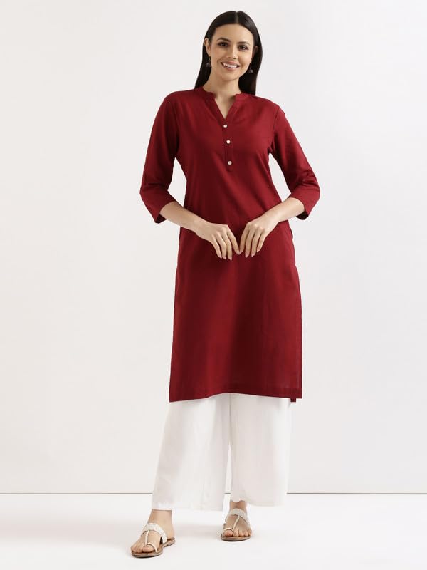 Image of SAADAA Women's Linen Straight Fit Straight Long Kurta Airy Plain Kurta, 3 /4 Sleeve, Knee Length Kurtis with Pockets, Casual and Office Wear