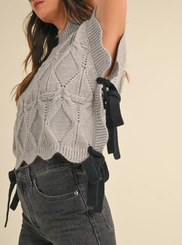 Image of Women Side Tie Sweater Vest Scallop Trim Mock Neck Knit Vest Bow Lace Up Ribbon Sweater Tank Top Knitwear