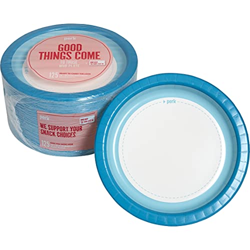 Perk Staples Paper Plates, 10 Inch, Heavy-Weight Microwave-Safe, Disposable For Everyday Meals, Kitchen, Breakroom, Company Events, 125-Pack, White/Blue