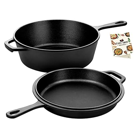 Overmont Pre-Seasoned 3L/3.2 quart Cast Iron Combo Cooker with Lid,2 in 1 with Cookbook Recipe,3L Dutch Oven, 1.4L Skillet, Grill Griddle Works on Baking,Camping,Stovetop & in Oven Cover
