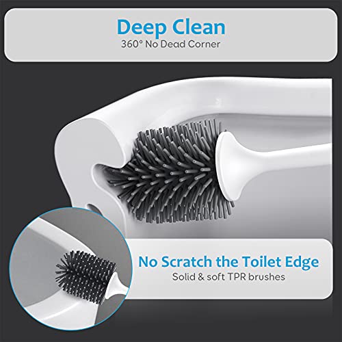 Image of Silicone Toilet Brush and Holder, Bathroom Toilet Bowl Cleaner Brush with No Scratch TPR Soft Bristles, Vented Holder and Anti-Slip Handle, Wall Mount /Freestanding, Grey