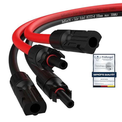 RedStar24 Cable Solar 4mm² - 6mm² - Cable de Extensión para Paneles Solares - 1/2/3/5/10/15/20/25m - IP68, Cable fotovoltaico resistente a los rayos UV, PV Cable de Extensión Solar (4mm² 2m)