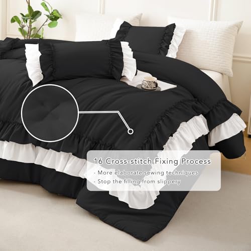 Image of QSH 3PCs Black White Shabby Boho Chic Ruffled Bedding Comforter Queen Size,Farmhouse Vintage Rustic Ruffle Comforter Set Queen Ultral Soft Microfiber Lightweight Fluffy Comforter Set with Pillowcases
