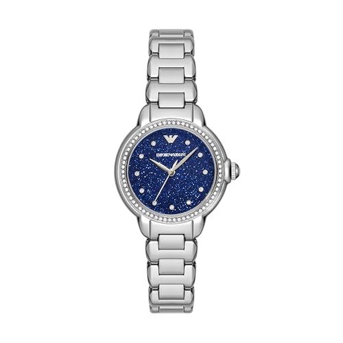 Emporio Armani Womens Watch with Stainless Steel or Leather Band; Dress Watch for Women Silver/Blue 32MM Mia