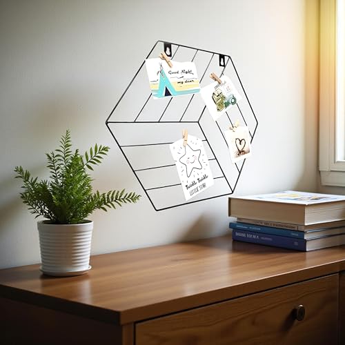 Image of Art Street Hexagon Shape DIY Metal Photo grid wall for photo hanging, wall decoration and display (size- 35 x 40 cm) -Photo clips included