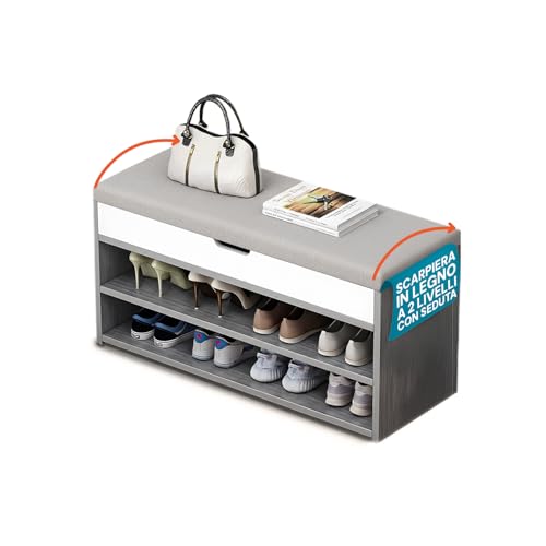 Avilia - Scarpiera a 2 Livelli con Seduta Ribaltabile in Legno, Panca Scarpiera da Ingresso Imbottita, Porta Scarpe Salvaspazio con Vano Contenitore Nascosto