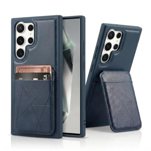 Image of amazon basics Premium Vegan Leather Back Cover with Card Holder and Integrated Mobile Stand for Samsung Galaxy S23 Ultra 5G - Slim Shockproof Wallet Case with Geometric Stitching [Blue]