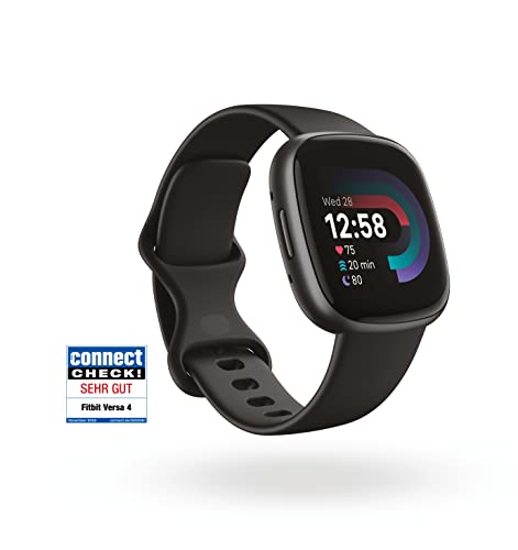 Fitbit Fitness-Smartwatch Versa 4 mit integriertem GPS und bis zu 6 Tagen Akkulaufzeit – kompatibel mit Android und iOS, Schwarz / Aluminium in Graphit, Einheitsgröße