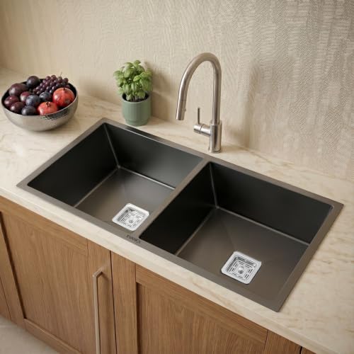 Image of EVANEX Double Bowl Kitchen Sink 45x20x10 inch Double Sink for Kitchen 304 Stainless Steel Handmade Black Kitchen Sink Including Couplings, Waste Pipe, Connector and Drain Basket