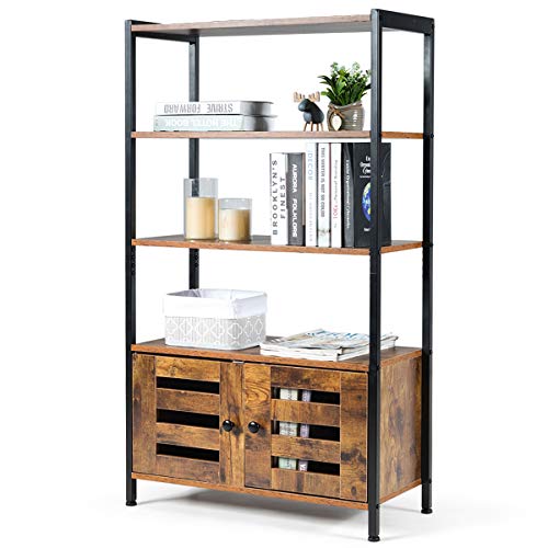 Tangkula Storage Cabinet, Industrial Bookshelf and Bookcase, Freestanding Floor Cabinet with 3 Shelves and 2 Louvered Doors, for Living Room Study Home Office, 27.5 x 12 x 47.5 Inch, Rustic Brown