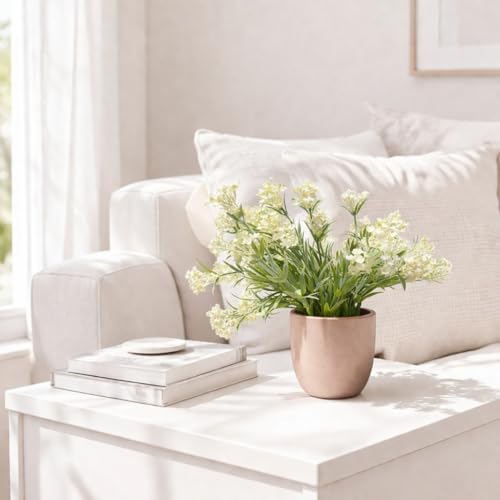 Image of Garden Art Artificial Lavender Flower Bush in Decorative Pot - Realistic Faux Plant for Home & Office Tabletop Decor (P-0155White)