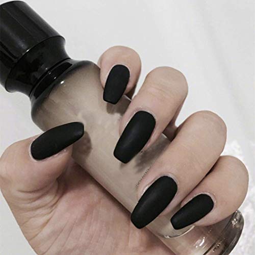 Milanco Ballerina Fake nails Pure Color Matte Coffin Nails Full Cover Medium False Nails Art Tips 24Pcs Sets for Women (Black)