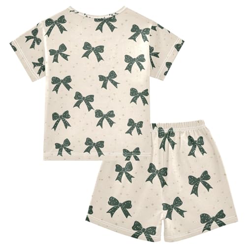 ALAZA Green Bow Yellow Pajamas Set Short Sleeve Cotton Sleepwear Summer Pjs 2 Piece 5-14Y2