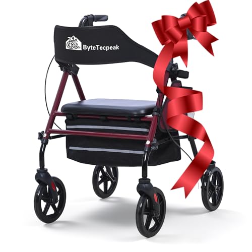 R4 Déambulateur 4 roues pliable et léger, Rollator en aluminium léger avec siège, pour tous les terrains, siège et poignée réglables en, Se range facilement dans le coffre, Rouge Foncé