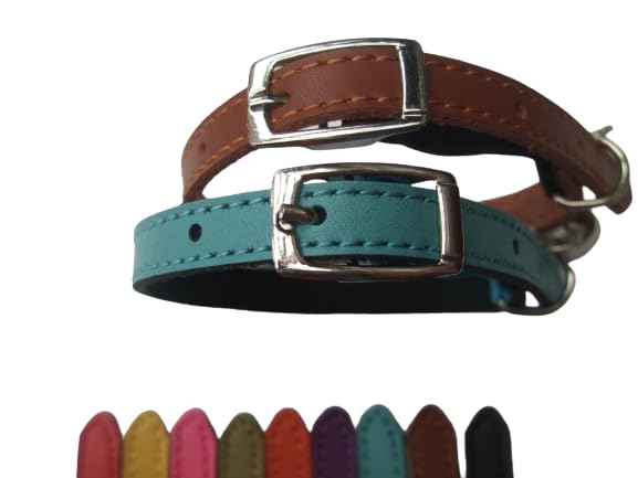 Cat Collar 2 pack set Real Leather Elasicated Safety Elastic bell, Pair Choose colours (Blue and Brown)