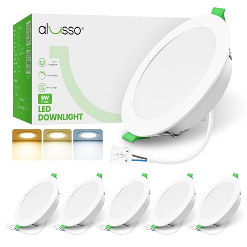 ALUSSO LED Downlights Ceiling Dimmable 6W 600LM IP65 Recessed Ceiling Lights, 3CCT 3000K Warm 4000K Neutral 6500K Cool Adjustable Bathroom Spotlights, White, 6 Pack