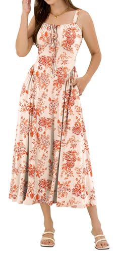 ZAFUL Wedding Guest Dresses for Women Floral Midi Corset A Line Dress Flowy Sundress for Cocktail Party Dress Orange Floral M — view 6