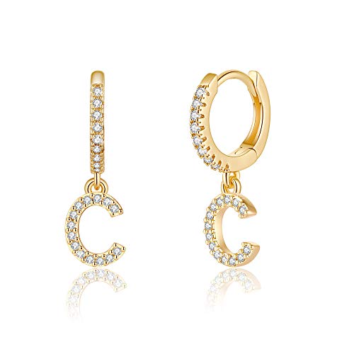 Initial Earrings for Women, 925 Sterling Silver Post 14K Gold Plated Small Huggie Hoop Earrings Letter C Initial Dangle Earrings Hypoallergenic Earrings for Women