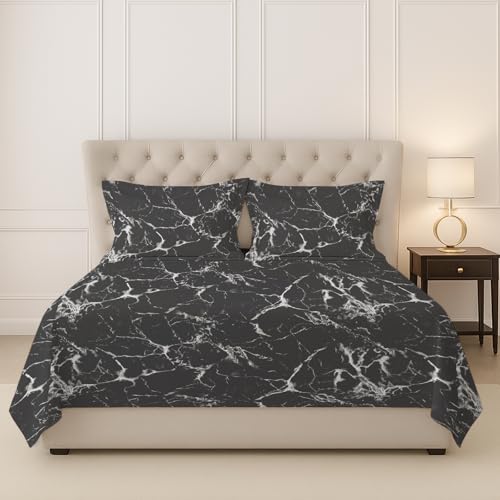 Image of Pizuna 100% Cotton Bedsheet Super King Size with 2 Pillow Covers, 400 Thread Count Long Staple Cotton, Marble Pattern Flat Bed Sheet 108X108 Inch for Superking Bed, Black Printed Bedsheet
