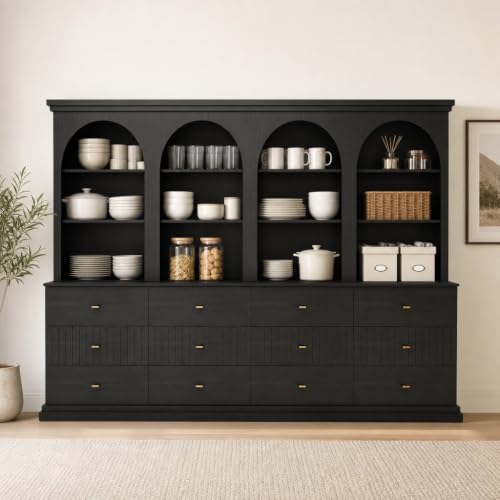Image of ivaniti 71 inch Arched Kitchen Pantry Cabinet Set of 4 with 12 Drawers, Black Freestanding Storage Hutch with Open Shelves and Gold Handles for Kitchen, Dining Room