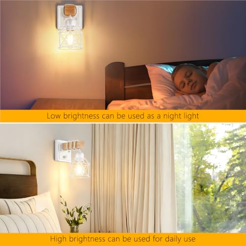 Image of FadimiKoo Wall Sconces Set of Two, Farmhouse Hardwired White Wall Lamps with Wooden Arm & On /Off Dimmable Switch, Modern Bathroom Light Fixtures with Metal Shade for Living Room, Hallway, Bedroom