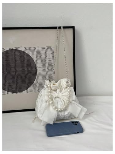 GORGLITTER Women’s Pearls Bow Chain Bucket Bags Textured Coquette Evening Shoulder Handbags2