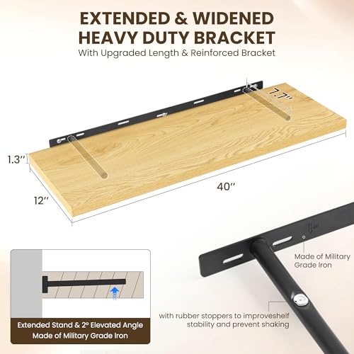 Image of Dreamland 40 inch Floating Shelves for Wall, 12 inch Deep Slim Oak Floating Shelves, Wall-Mounted Shelves for Bedroom, Living Room, Kitchen, Bathroom - Set of 2